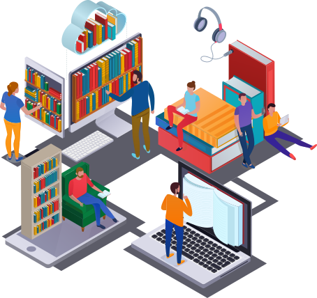 Illustration of studying online with all kind of Media Devices: Mobile Phone, PCs, Laptops, etc.